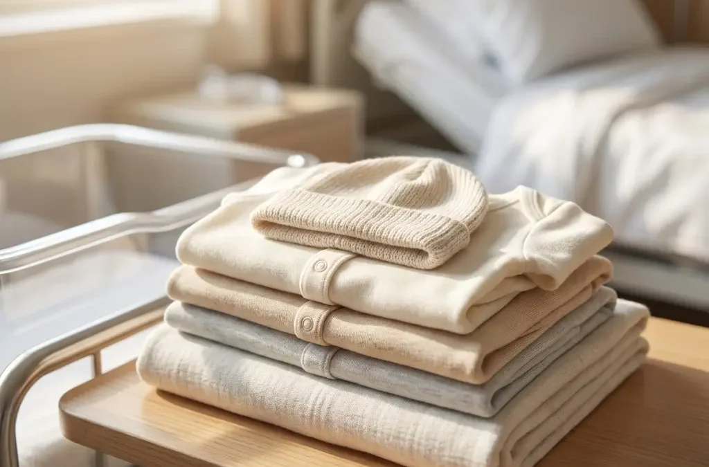 Ropa de recién nacido preparada para la bolsa del hospital.