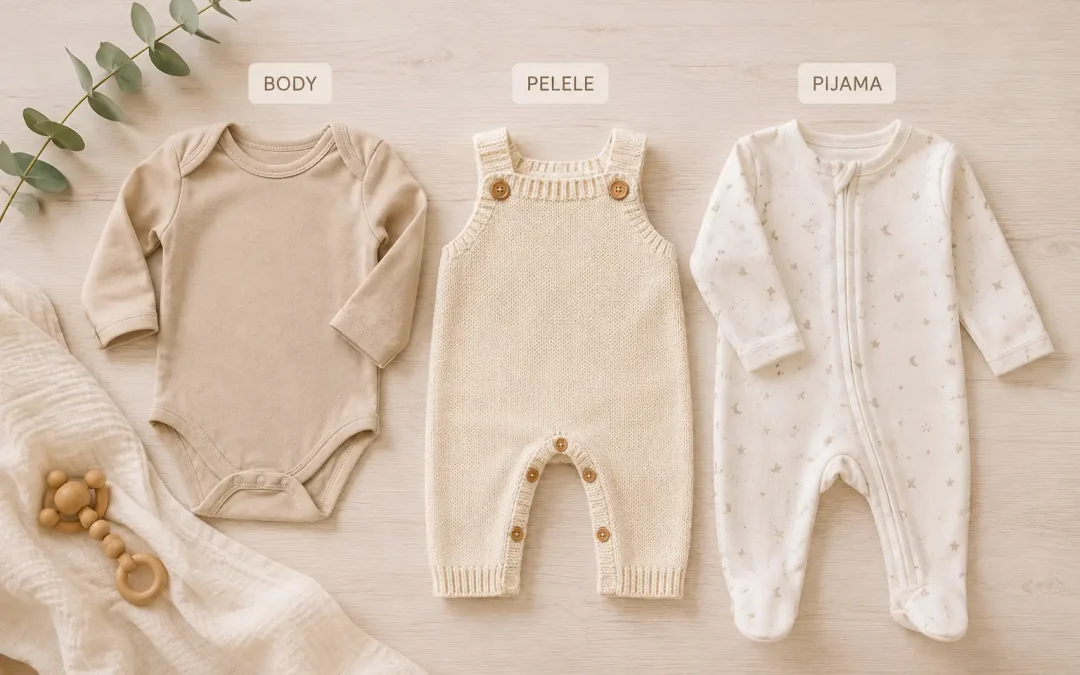 Body, pelele y pijama de bebé colocados sobre una superficie clara.