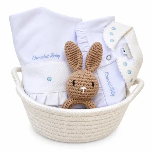 Cesta regalo bebé niño 0-3 meses con pijama, sábanas, sonajero de conejito y cesta decorativa reutilizable