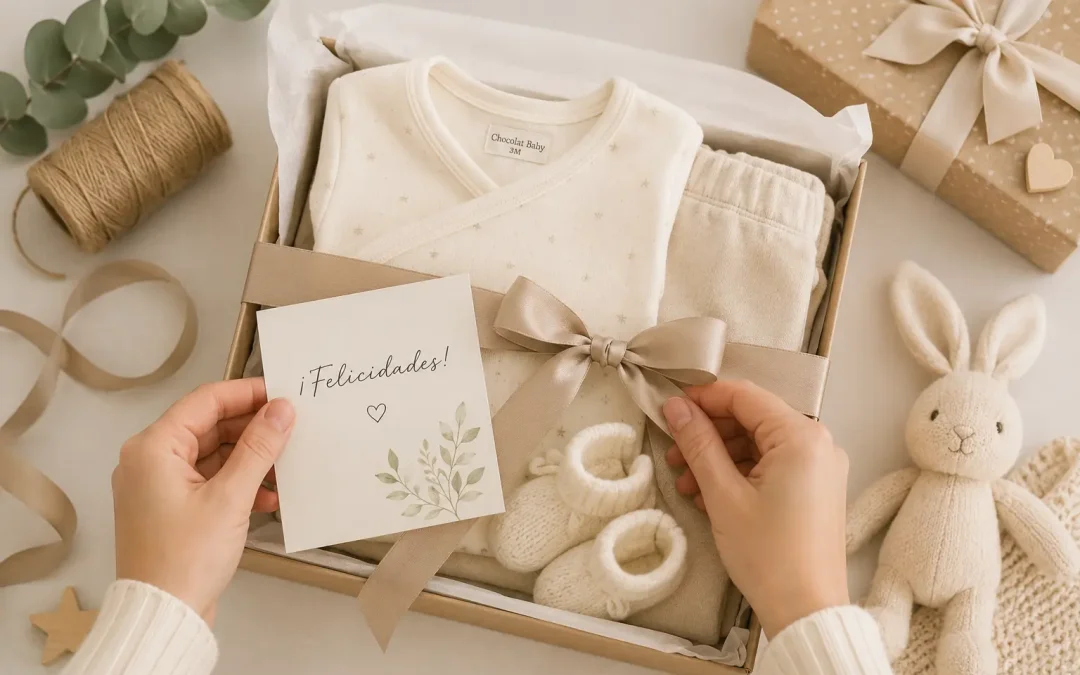 Regalo para bebé con ropa de talla 3 meses presentado en una caja de regalo