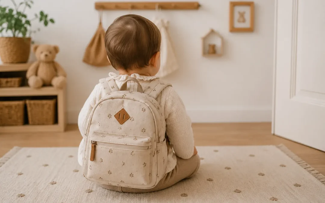 Bebé de espaldas con mochila para la guardería en una habitación infantil.