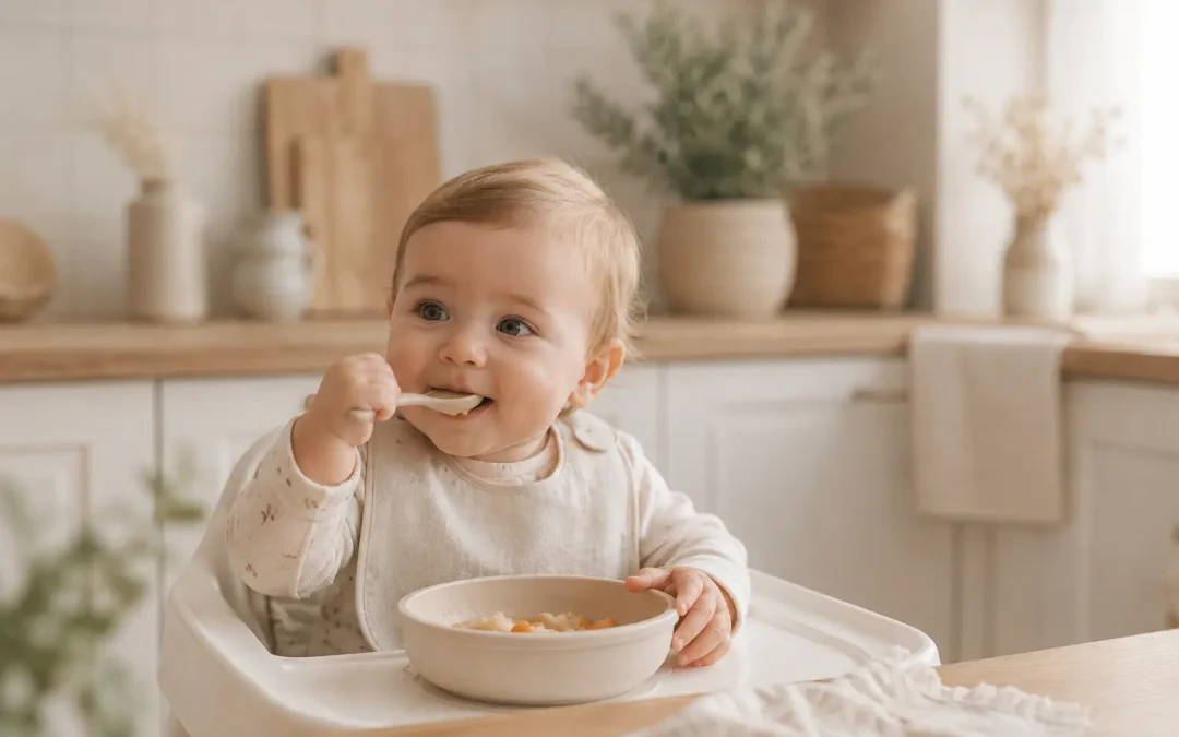 Bebé comiendo sus primeras comidas durante la alimentación complementaria.