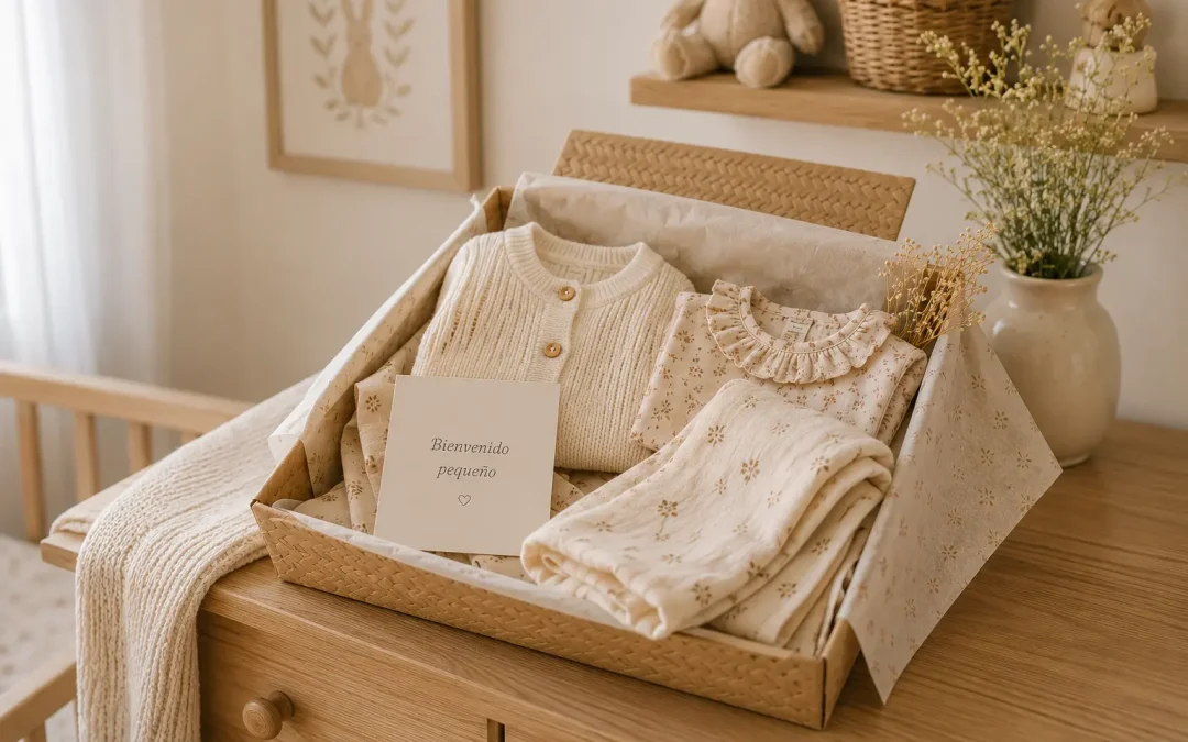 Cesta de regalo para bebé recién nacido con ropa de bebé y muselina en una habitación infantil