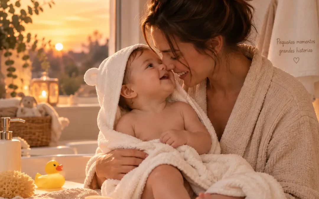 Mamá cuidando a su bebé después del baño al atardecer.