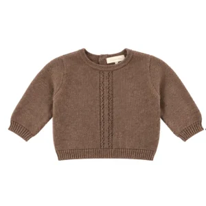 Jersey de punto bebé color marrón Chocolat Baby con calado decorativo delantero y cuello redondo.