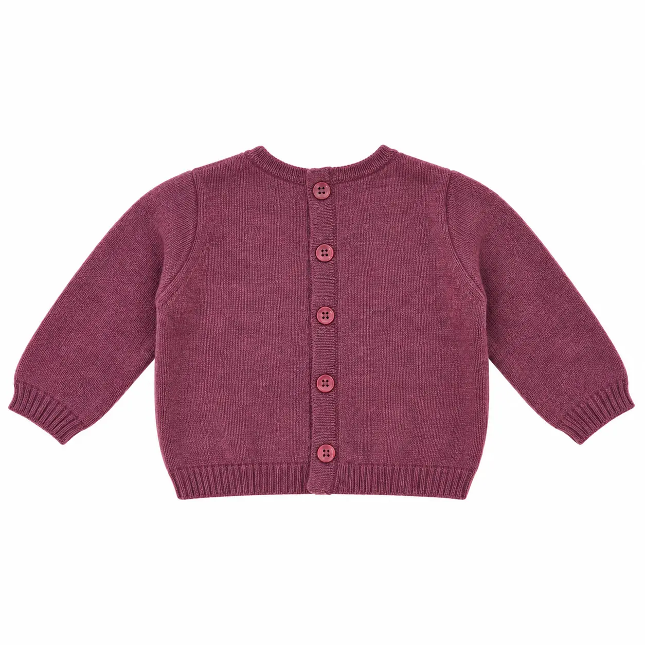 Parte trasera del jersey de punto bebé color vino Chocolat Baby con cierre de botones en la espalda.