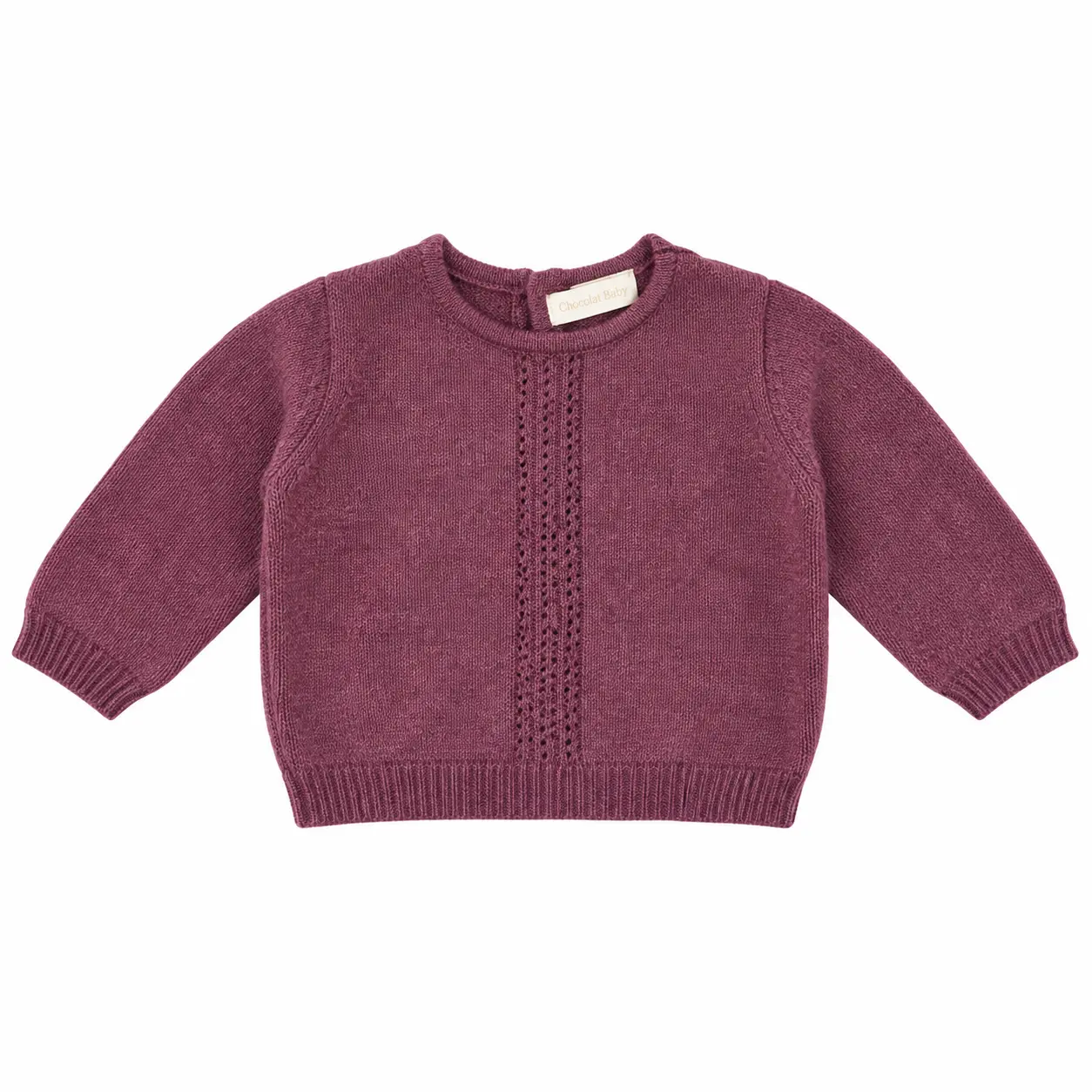 Jersey de punto bebé color vino Chocolat Baby con calado decorativo delantero y cuello redondo.
