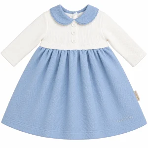 Vestido bebé de piqué azul y lana blanca Chocolat Baby con cuello redondo y botones decorativos – 3 a 6 meses