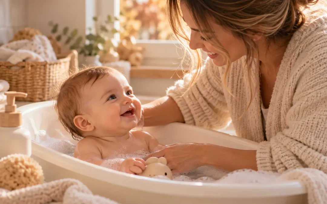Mamá bañando a su bebé en una bañera con agua templada durante una tarde de otoño.