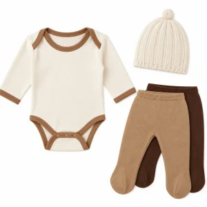 Pack Regalo Chocolat Baby con body de algodón orgánico, polainas camel y marrón y gorrito de regalo