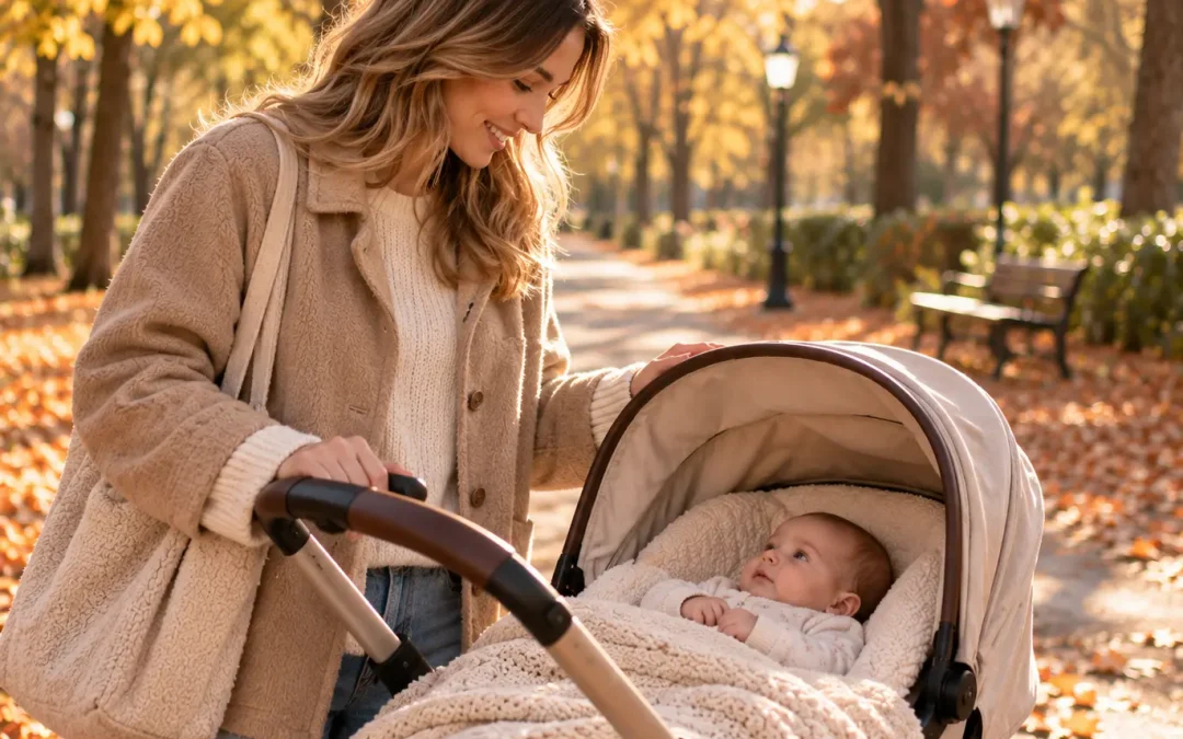 Madre paseando con su bebé en carrito por un parque en otoño, abrigado para el frío.
