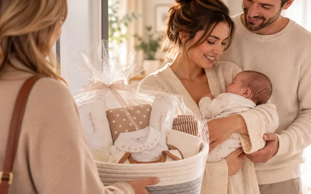 Visita a unos padres con su bebé recién nacido y una cesta de nacimiento de regalo.